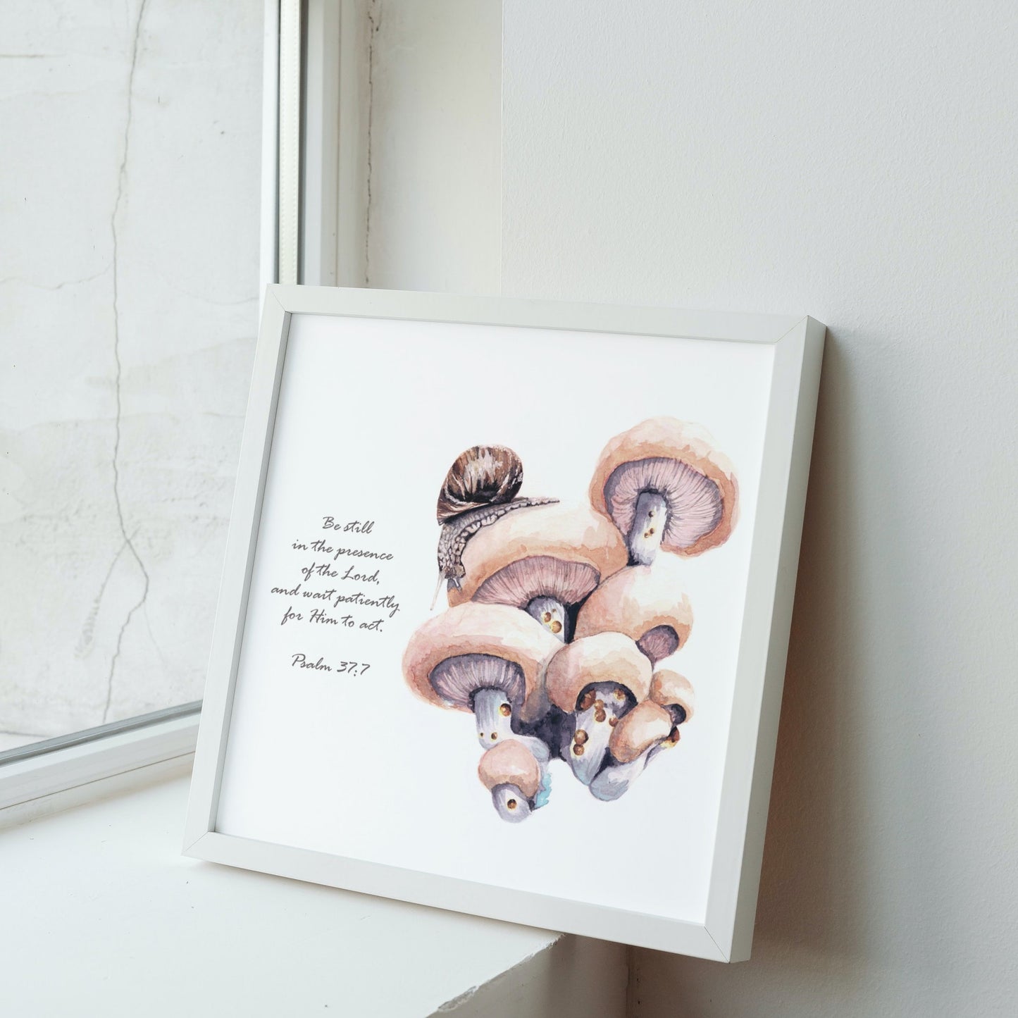 Snail and Mushroom Scripture Art Print - Psalm 37:7