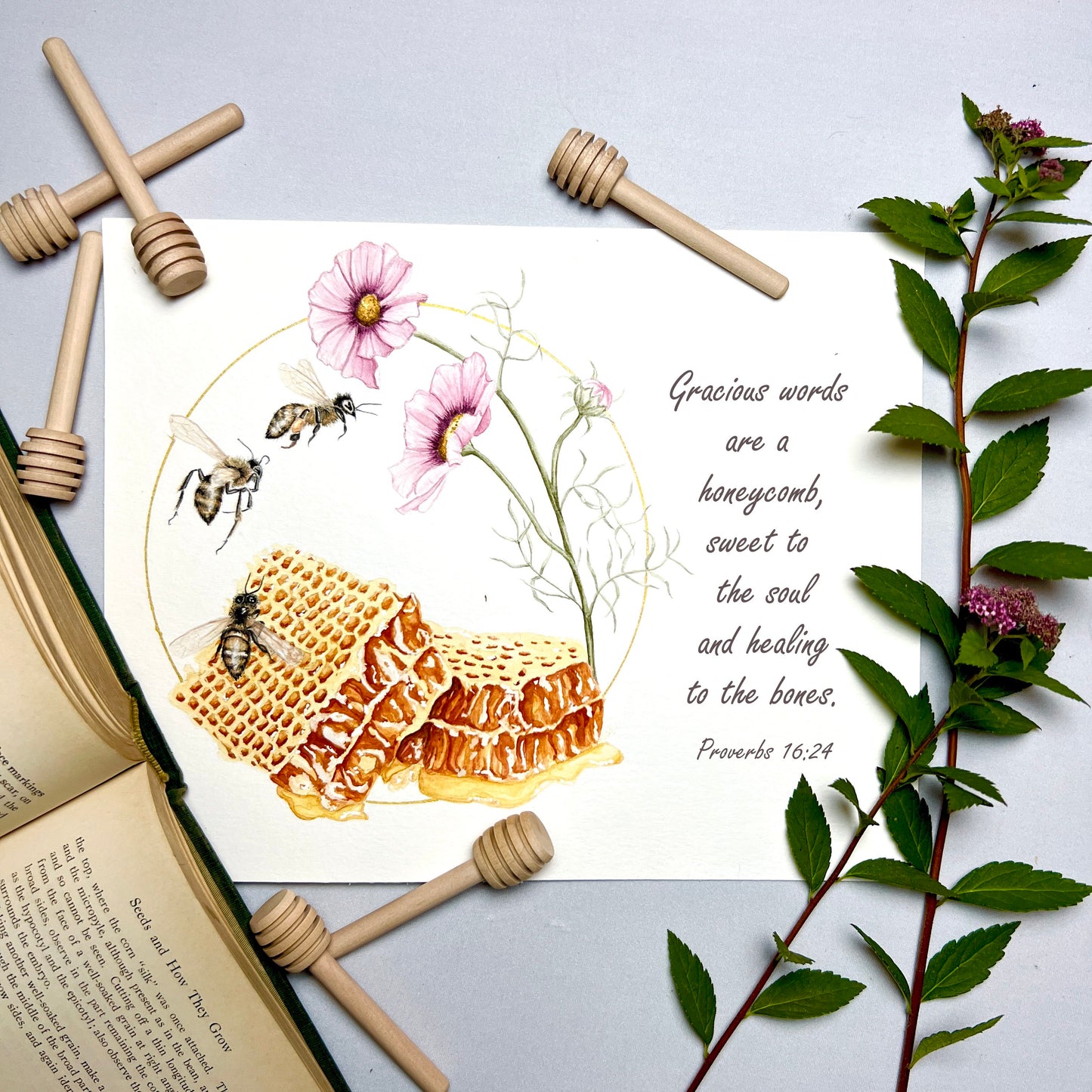 Honeybee Scripture Art Print - Proverbs 16:24